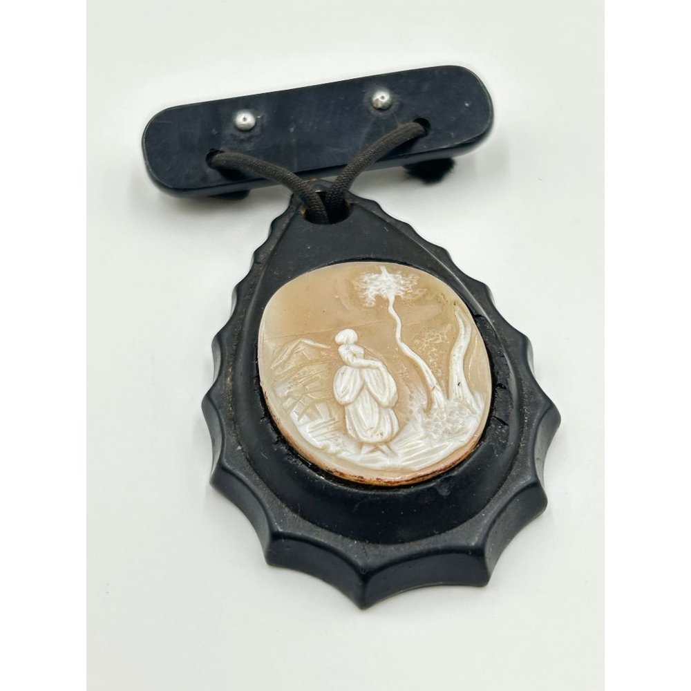 Antique Mourning Brooch Pin Dangle Genuine Carved Shell Cameo Black Drop Shaped - Picture 4 of 9